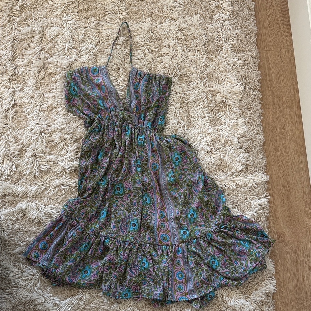 Blue Purple Paisley Halter Mini Dress Backless Boho One Size